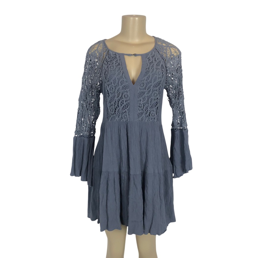 American Eagle Crochet‎ Lace Bell Sleeve Tiered Mini Dress Medium Boho Festival
